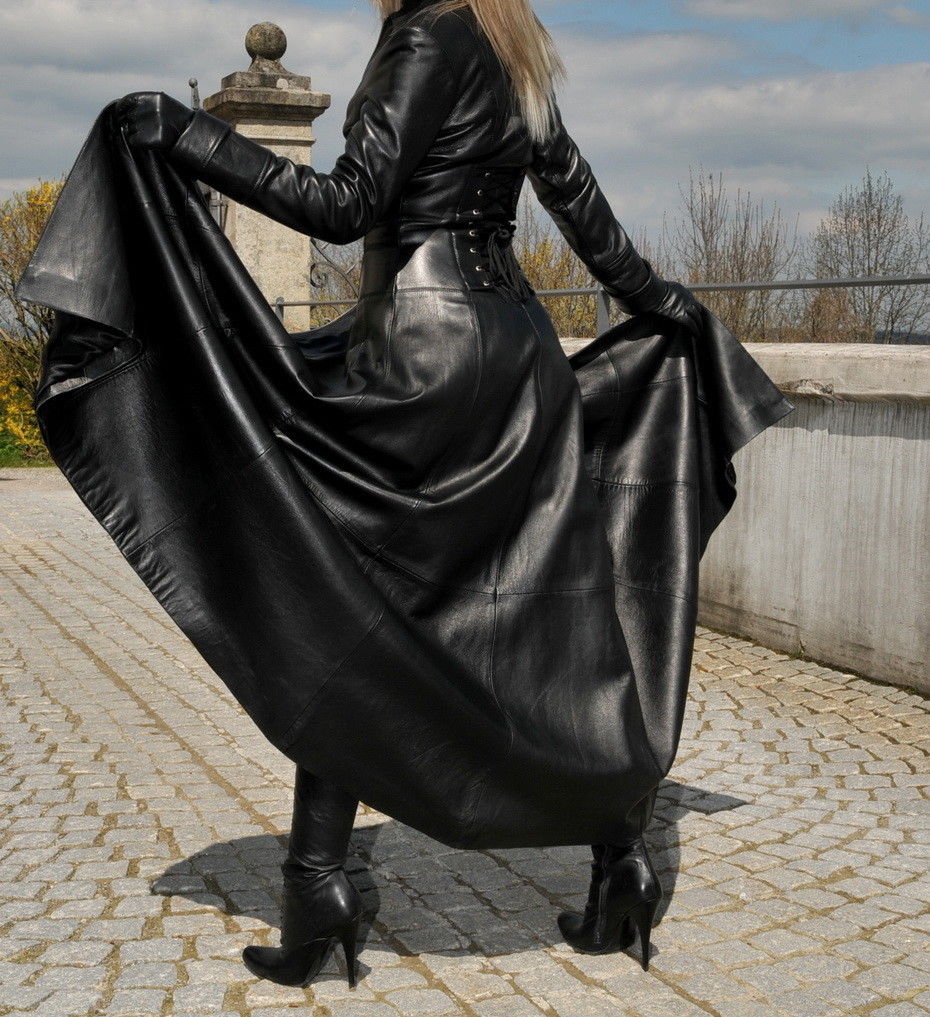 Gothic Attitude Women Victorian Full Length Black Leather Trench Coat | Corset Back