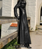 Gothic Attitude Women Victorian Full Length Black Leather Trench Coat | Corset Back