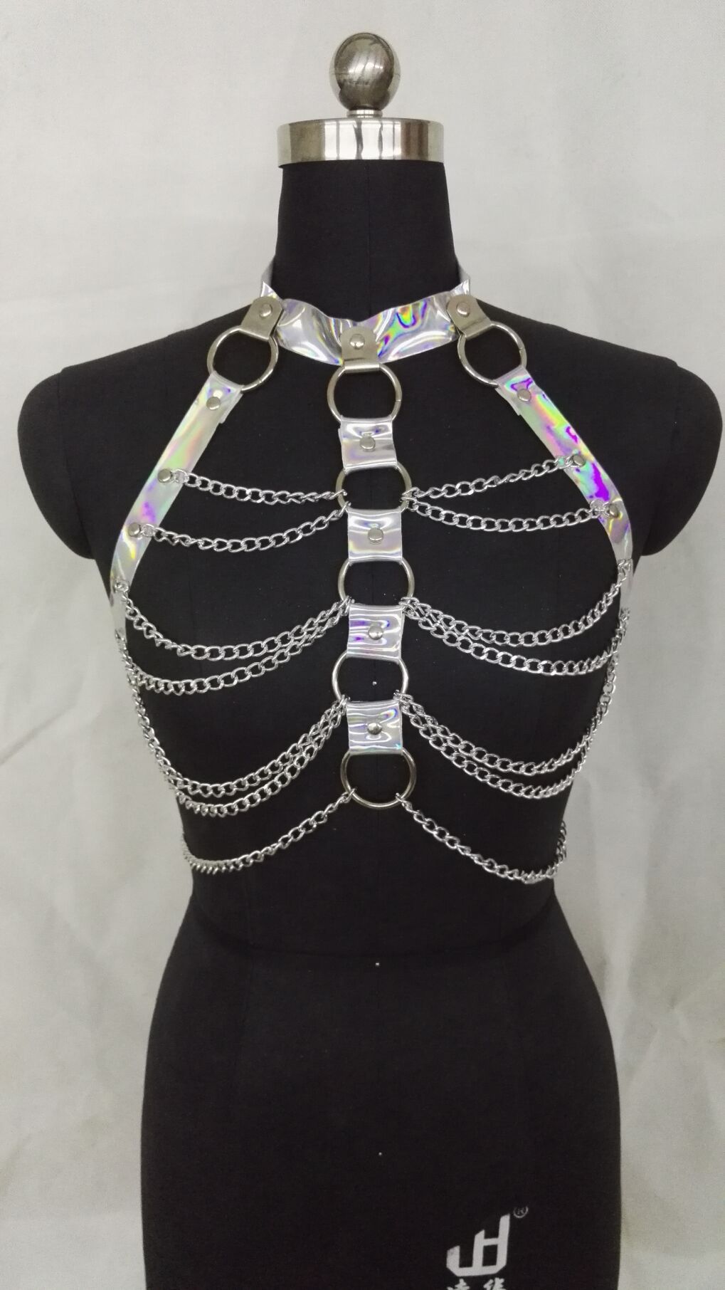 Women Halter Color Body Harness Bondage Party Chain Belt Festival Rave Costume Clubwear Holographic Belt Pastel Goth Top - Alternative Gothic Dark Wear | Embrace Dark Aesthetic Men & Women Gothic Clothing