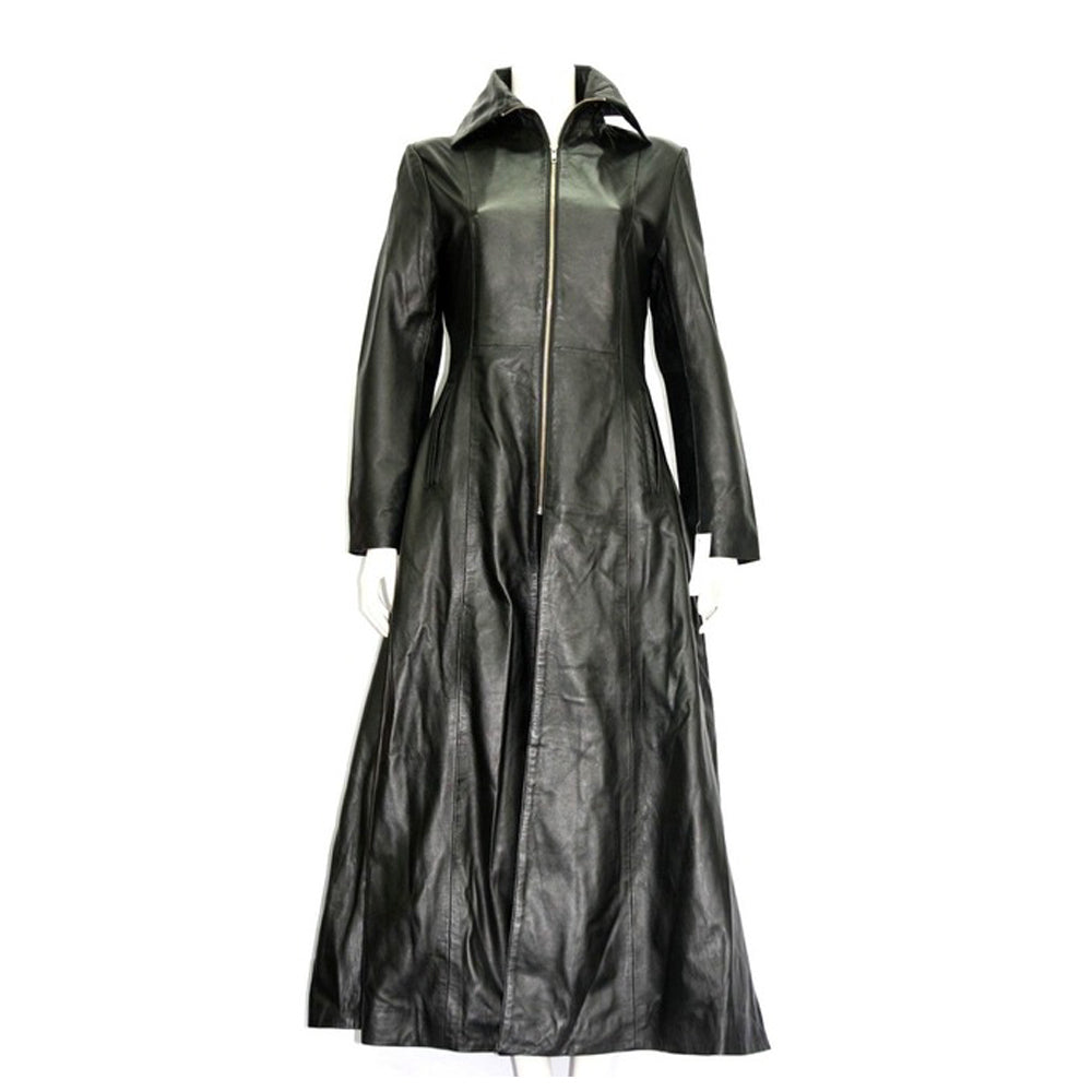 Gothic Attitude Women Full Length Midnight Black Leather Club Coat | Nappa Goth Long Jacket