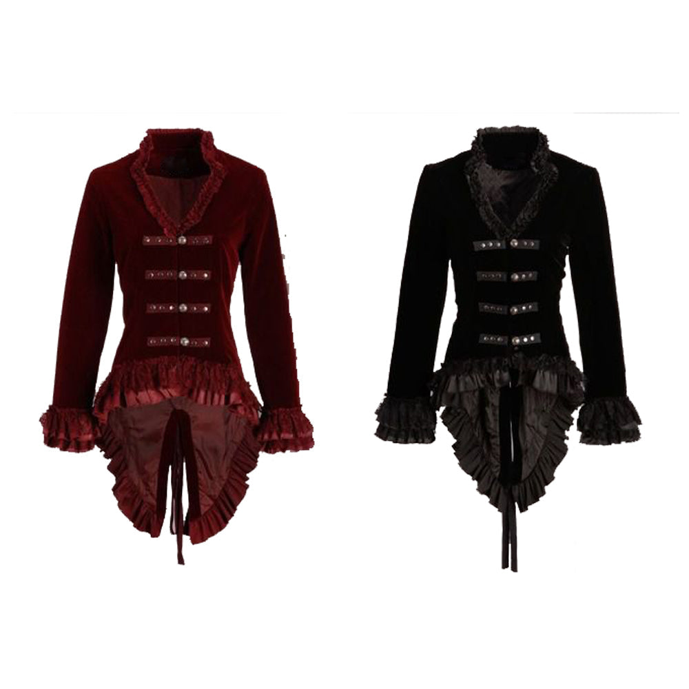 Women Hearts & Roses Ruffled Dovetail Velvet Victorian Coat | Gothic Ladies Tailcoat