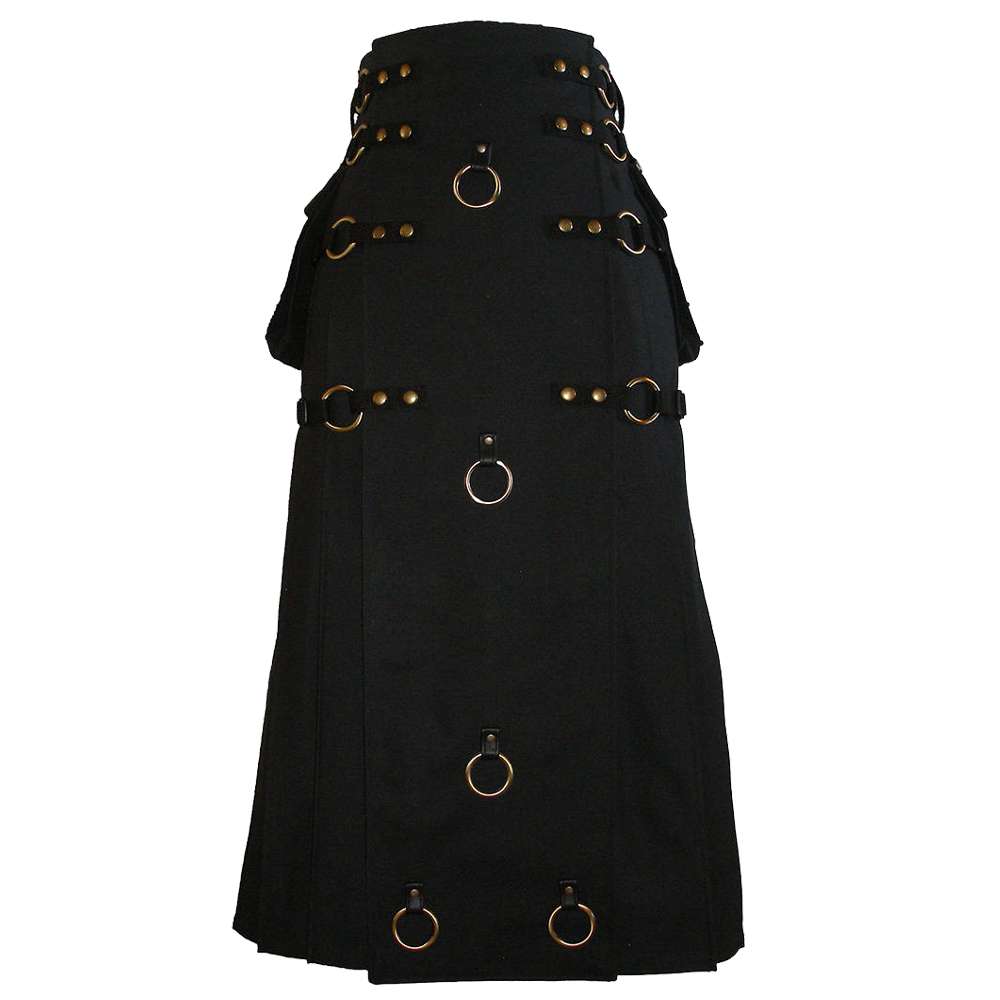 Long Black Gothic Cotton Utility Kilt | Steampunk Design with Leather Straps & Chains