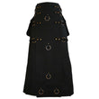 Long Black Gothic Cotton Utility Kilt | Steampunk Design with Leather Straps & Chains