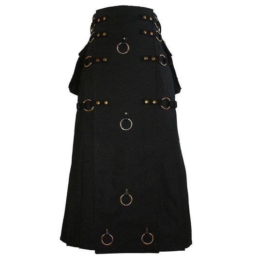 Long Black Gothic Cotton Utility Kilt | Steampunk Design with Leather Straps & Chains