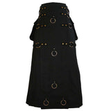 Long Black Gothic Cotton Utility Kilt | Steampunk Design with Leather Straps & Chains