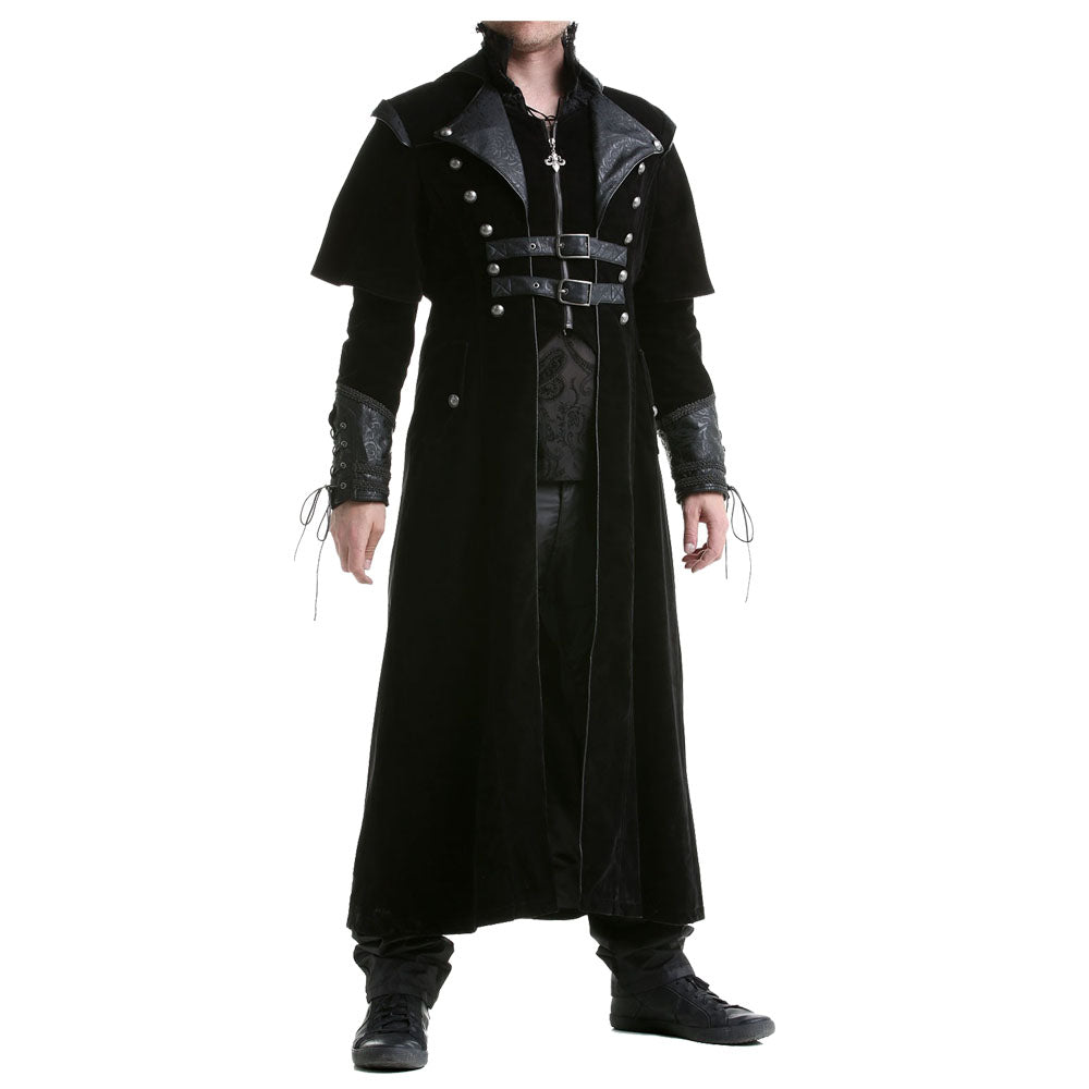 Men Gothic Steampunk VTG Highwayman Long Coat | Black Twill Trench with Faux Leather Cape & Straps