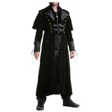 Men Gothic Steampunk VTG Highwayman Long Coat | Black Twill Trench with Faux Leather Cape & Straps