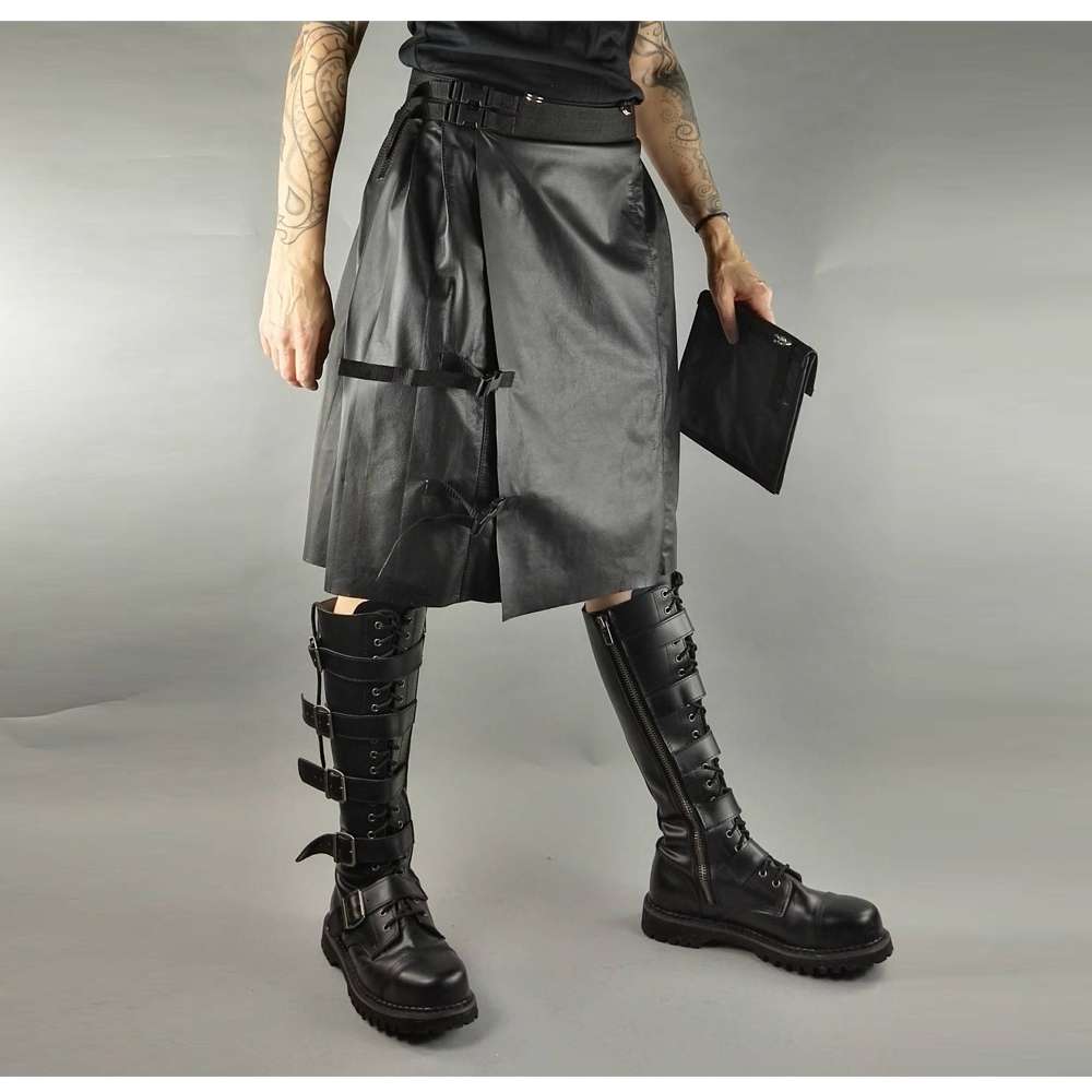 Men Gothic Black Leather Kilt | Steampunk Scottish Biker Style with Metal Hardware