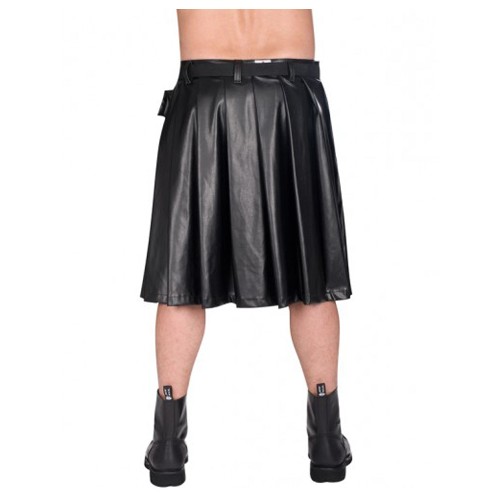 Men Black Sky Short Faux Leather Kilt | Gothic Festival Kilt with Side Pockets & Hardware
