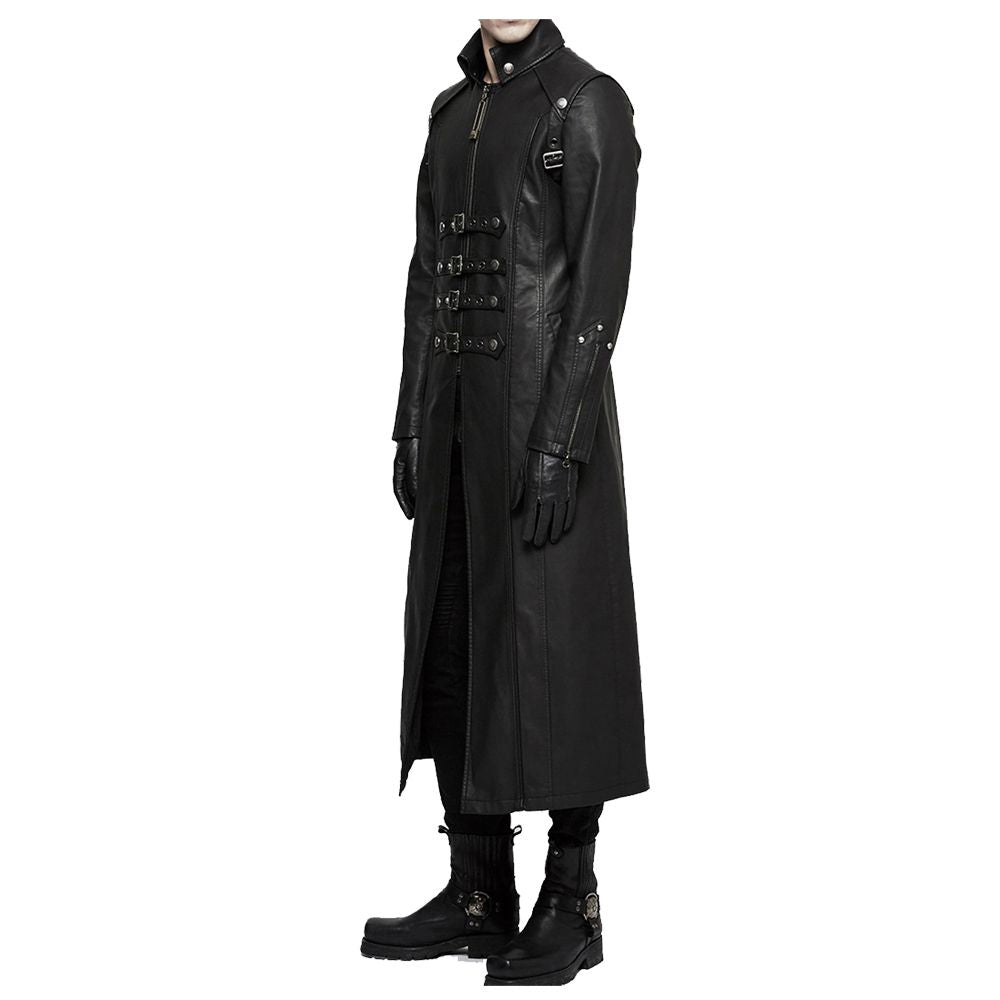 Men Long Black Gothic Coat | Faux Leather Steampunk Rock Trench with Straps & Zipper