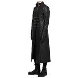 Men Long Black Gothic Coat | Faux Leather Steampunk Rock Trench with Straps & Zipper
