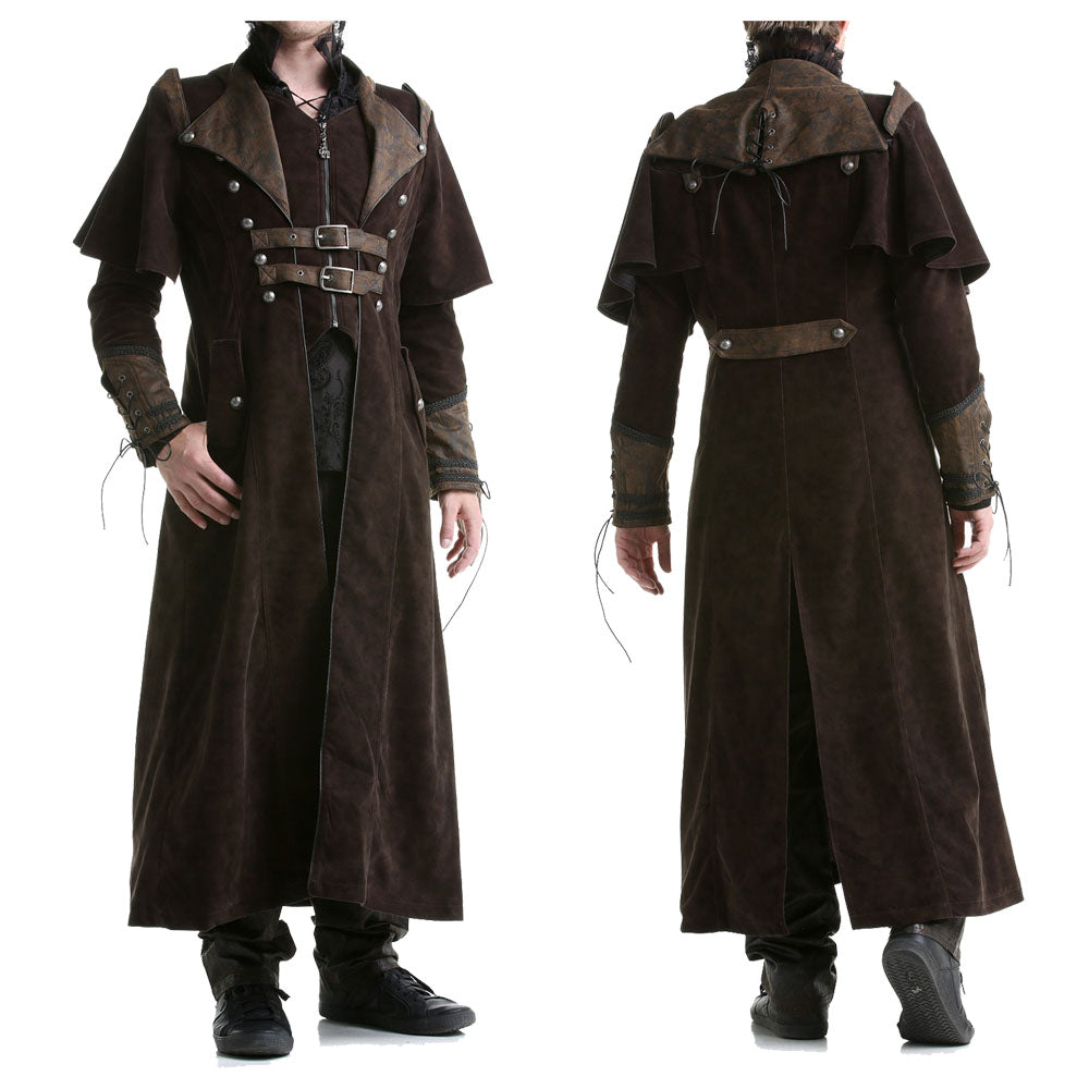 Men Steampunk Brown Velvet Coat | VTG Regency Highwayman Full-Length Frock with Faux Leather Details
