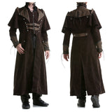 Men Steampunk Brown Velvet Coat | VTG Regency Highwayman Full-Length Frock with Faux Leather Details