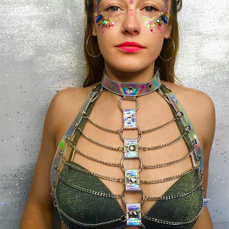 Women Halter Color Body Harness Bondage Party Chain Belt Festival Rave Costume Clubwear Holographic Belt Pastel Goth Top - Alternative Gothic Dark Wear | Embrace Dark Aesthetic Men & Women Gothic Clothing