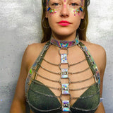 Women Halter Color Body Harness Bondage Party Chain Belt Festival Rave Costume Clubwear Holographic Belt Pastel Goth Top - Alternative Gothic Dark Wear | Embrace Dark Aesthetic Men & Women Gothic Clothing