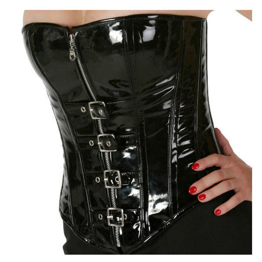 Women Victorian Vintage PVC Overbust Corset | Boned Buckle Bustier Waist Trainer Corset
