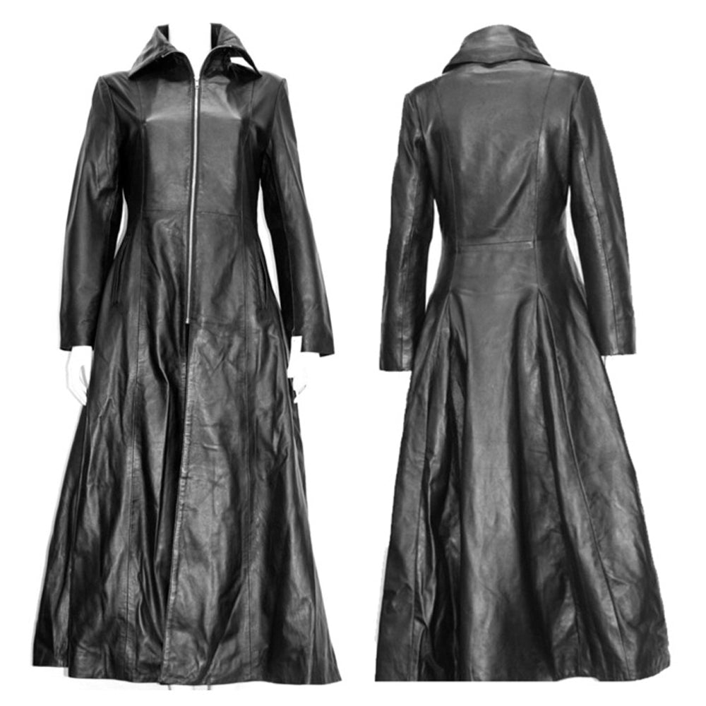 Gothic Attitude Women Full Length Midnight Black Leather Club Coat | Nappa Goth Long Jacket