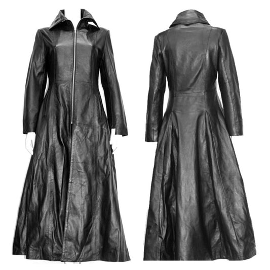 Gothic Attitude Women Full Length Midnight Black Leather Club Coat | Nappa Goth Long Jacket