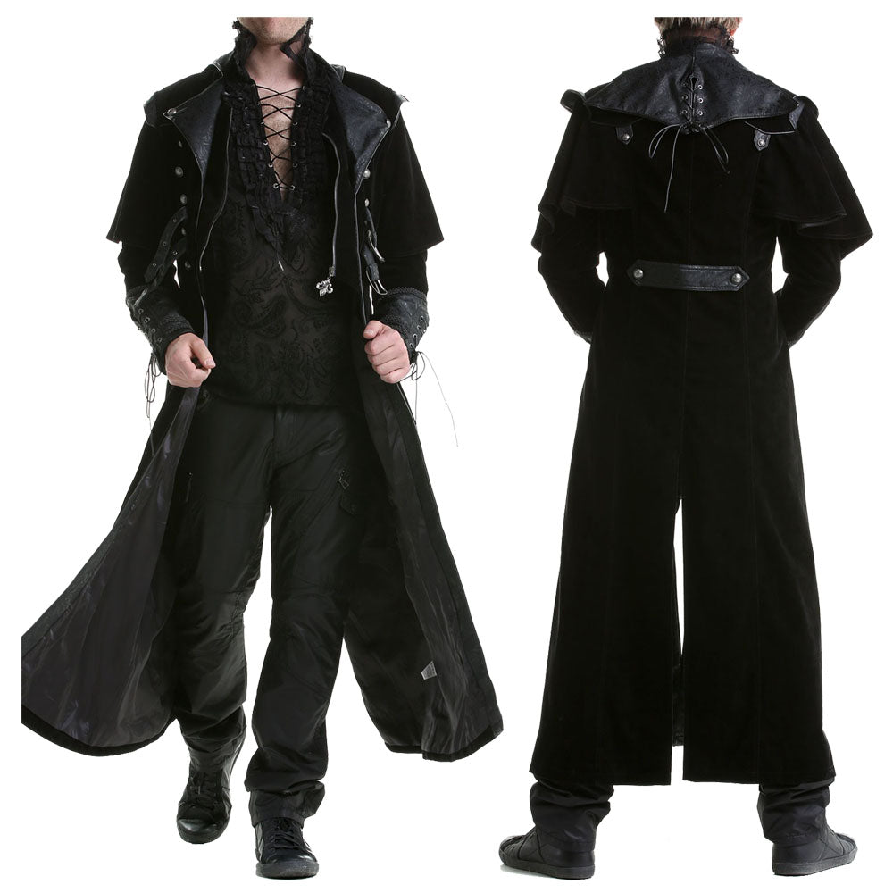 Men Gothic Steampunk VTG Highwayman Long Coat | Black Twill Trench with Faux Leather Cape & Straps