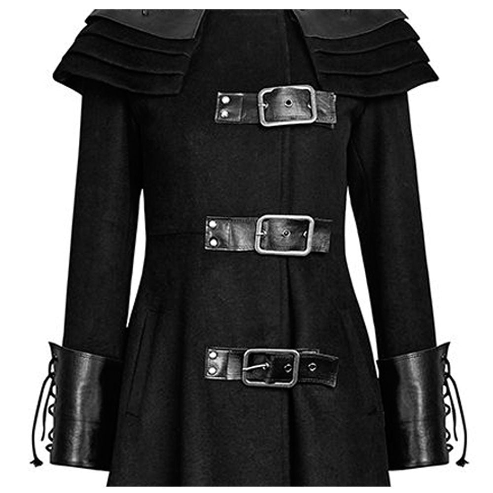 Women Gothic Long Black Coat with Spiked Shoulders | Steampunk Punk Rivet Trench Coat