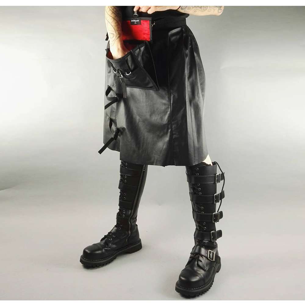 Men Gothic Black Leather Kilt | Steampunk Scottish Biker Style with Metal Hardware