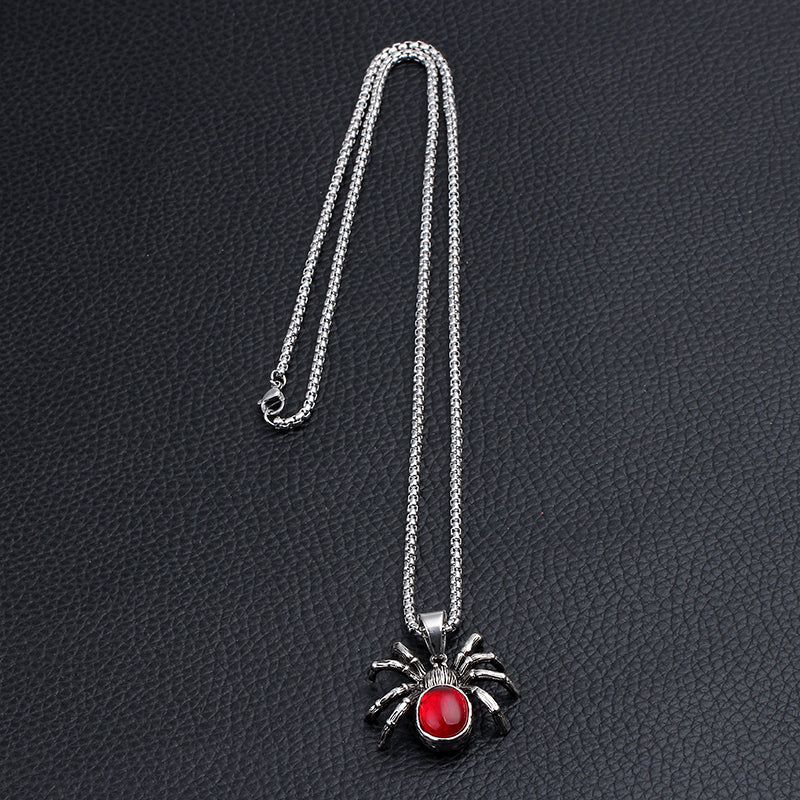 Mens Punk Vintage Retro Black Widow Spider Pendant Necklace Gothic Red Large Crystal Male Biker Goth Jewelry Necklace Men