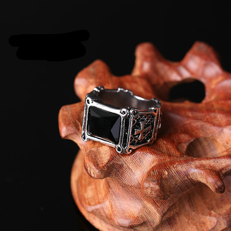 European And American Style Men's Retro Ring Gothic Cross With Rubies