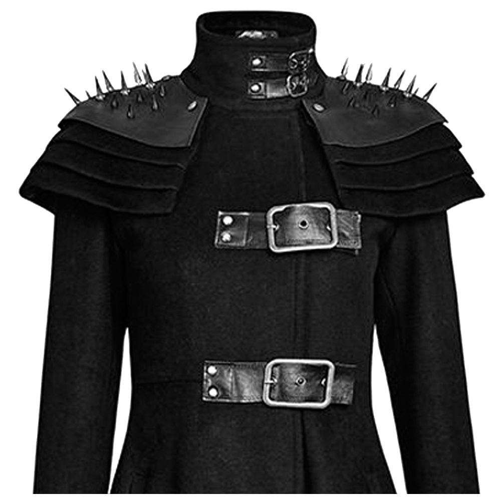 Women Gothic Long Black Coat with Spiked Shoulders | Steampunk Punk Rivet Trench Coat