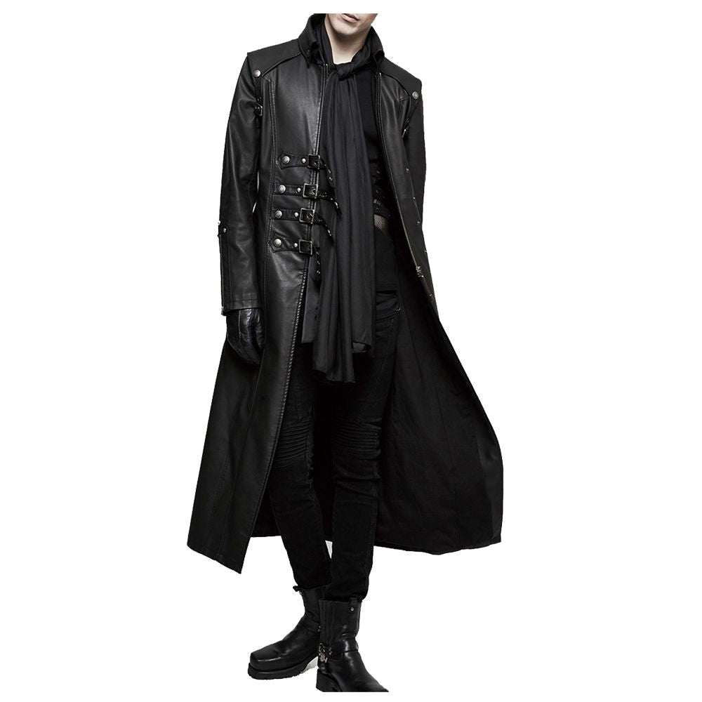 Men Long Black Gothic Coat | Faux Leather Steampunk Rock Trench with Straps & Zipper