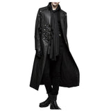 Men Long Black Gothic Coat | Faux Leather Steampunk Rock Trench with Straps & Zipper