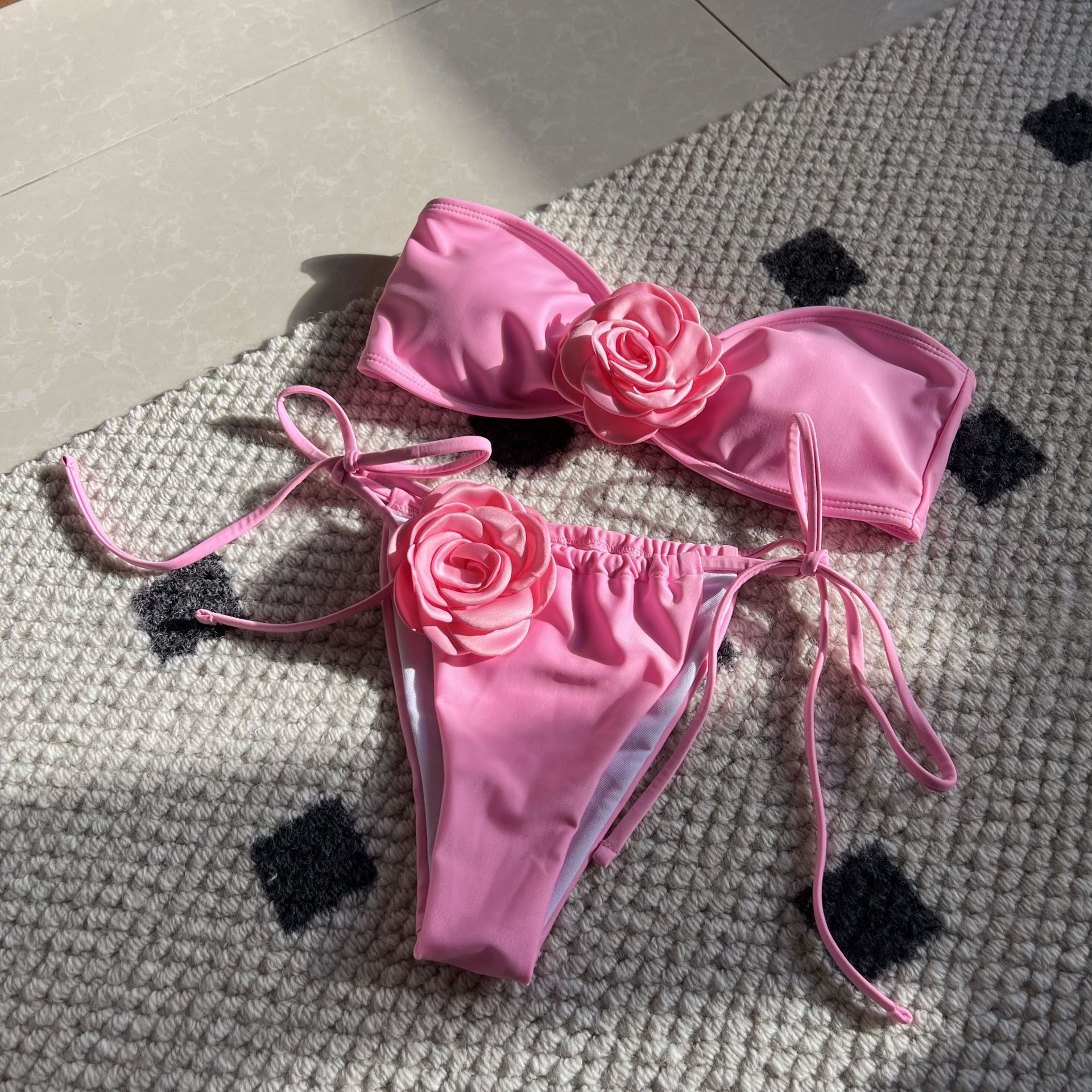 New Solid Color Rose Tube Top Drawstring Strap Split Swimsuit