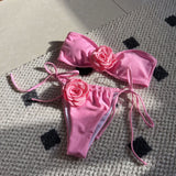 New Solid Color Rose Tube Top Drawstring Strap Split Swimsuit