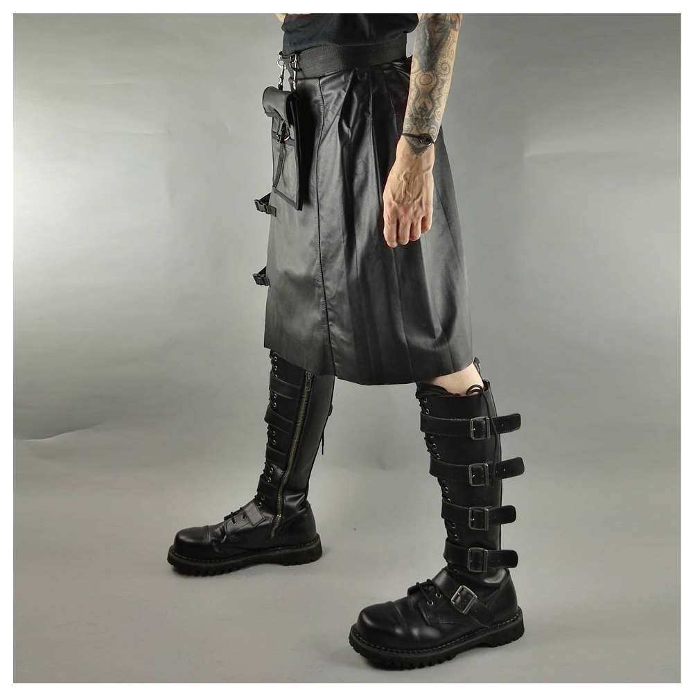 Men Gothic Black Leather Kilt | Steampunk Scottish Biker Style with Metal Hardware