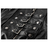 Men Long Black Gothic Coat | Faux Leather Steampunk Rock Trench with Straps & Zipper