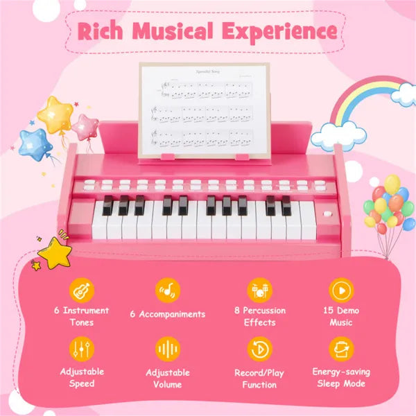 25 Keys Mini Digital Piano For Kids Age 3+, Lighted Teaching Mode With 6 Tones & 15 Demo Songs-Pink