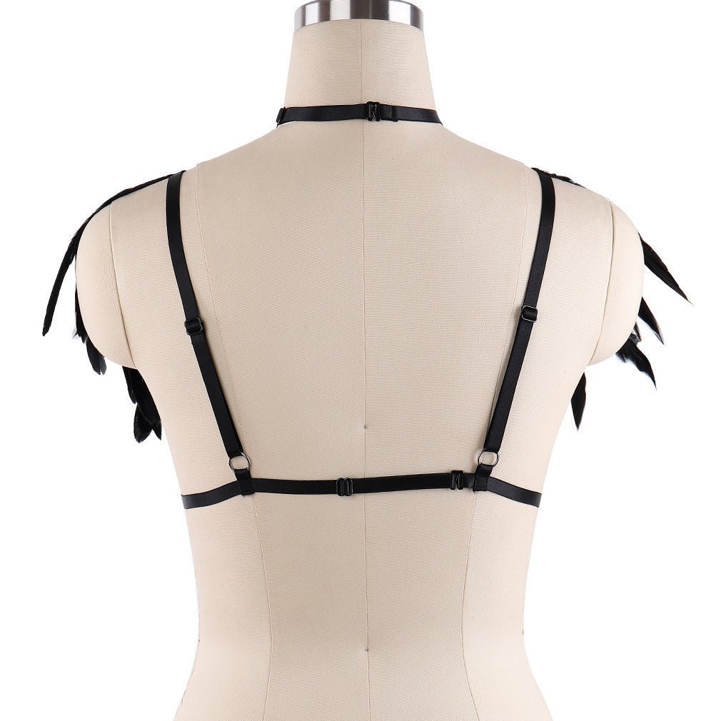 Women's Fashion Prom Black Gothic Harness Feather Tie Top - Alternative Gothic Dark Wear | Embrace Dark Aesthetic Men & Women Gothic Clothing