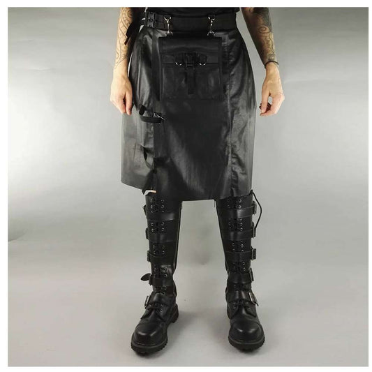 Men Gothic Black Leather Kilt | Steampunk Scottish Biker Style with Metal Hardware