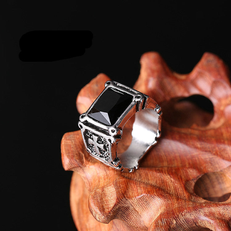 European And American Style Men's Retro Ring Gothic Cross With Rubies