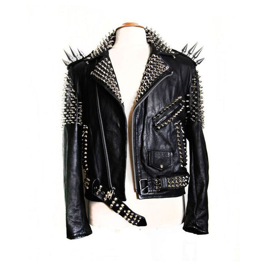 Women’s Silver Studded Genuine Leather Jacket