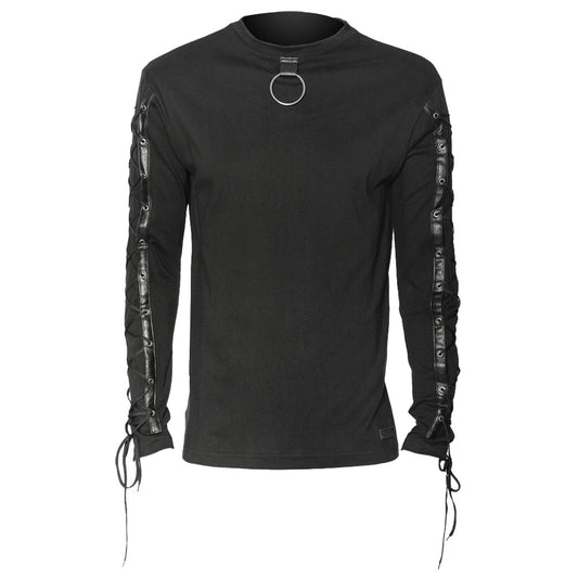 Men Black O-Ring Gothic Shirt | PVC Sleeve Detail Emo Punk Long Sleeve Top