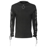 Men Black O-Ring Gothic Shirt | PVC Sleeve Detail Emo Punk Long Sleeve Top