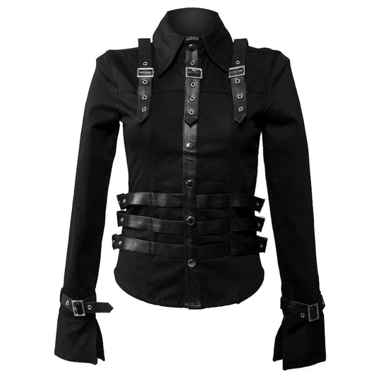 Women Gothic Long Sleeve Black Party Jacket | Elegant Belted Cotton Wool Outerwear