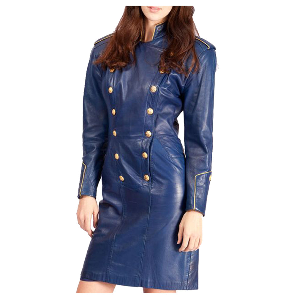 Women’s Blue Leather Military Style Gothic Coat