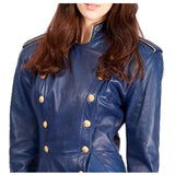 Women’s Blue Leather Military Style Gothic Coat