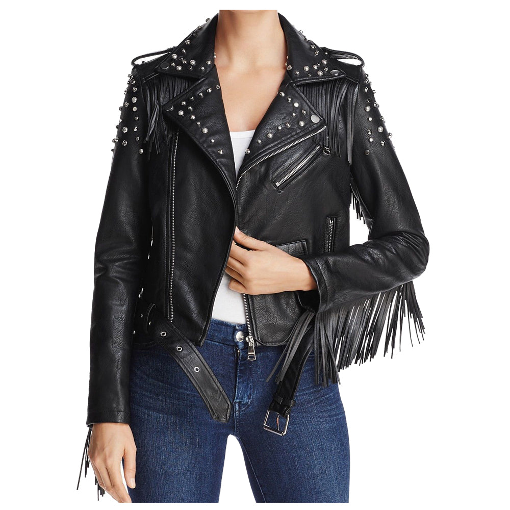 Women Punk Black Studded Leather Biker Jacket