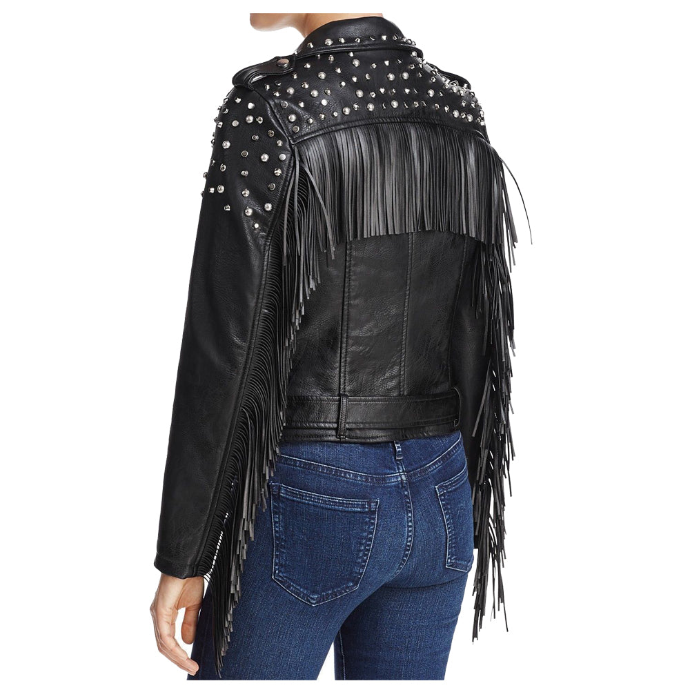 Women Punk Black Studded Leather Biker Jacket