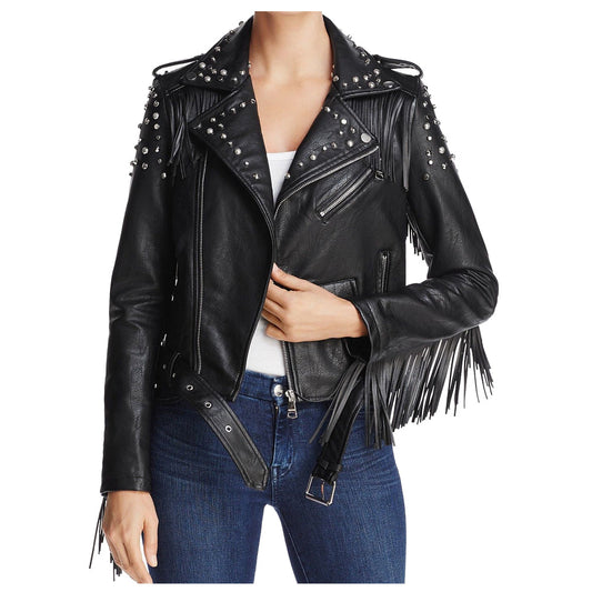 Women Punk Black Studded Leather Biker Jacket