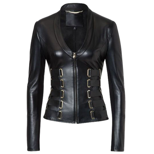 Women Dark Bondage Leather Jacket | Gothic Buckle Straps & Structured Fit Jacket
