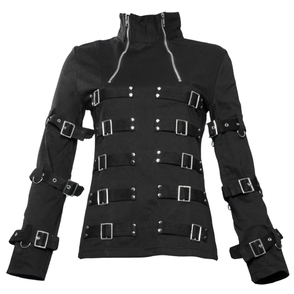 Women's Gothic Steampunk Jacket | Buckles, Eyelets & Hip-Length Bondage Style Jacket