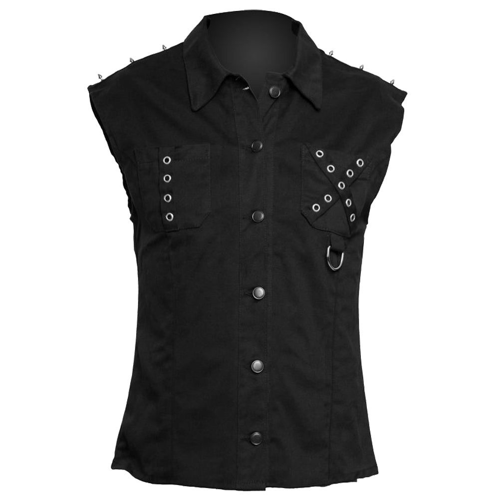 Men Gothic Sleeveless Cross Shirt | Punk Spiked Vest with D-Ring &amp; Eyelet Detail